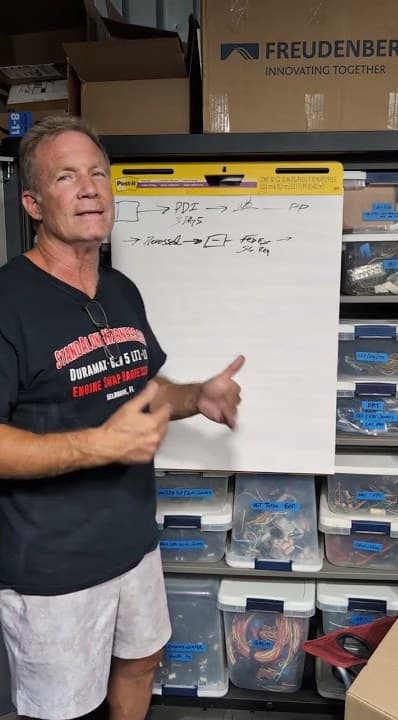 Ken Wolkens in his workshop beside a whiteboard and parts bins